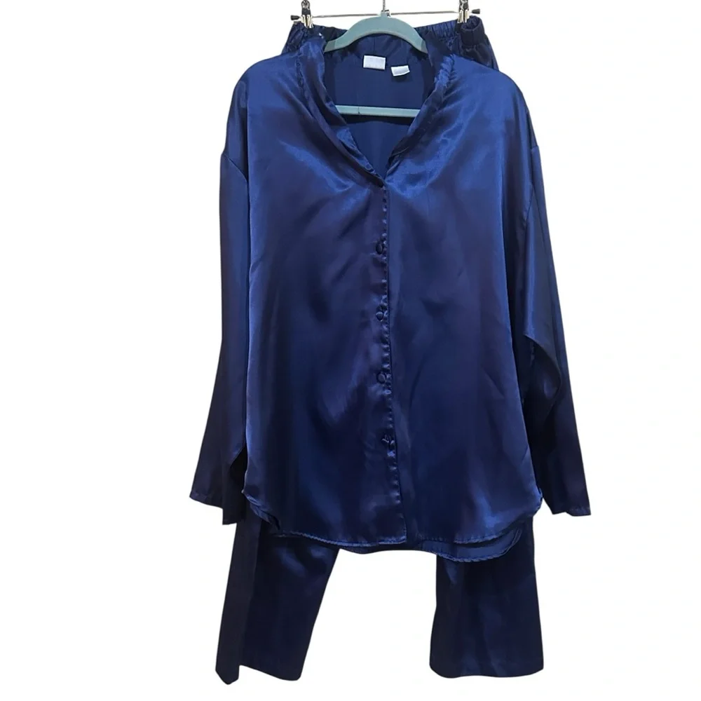 Navy Blue Satin 2-pc Pajama Set | Long Sleeve Top & Full-Length Pants 1X